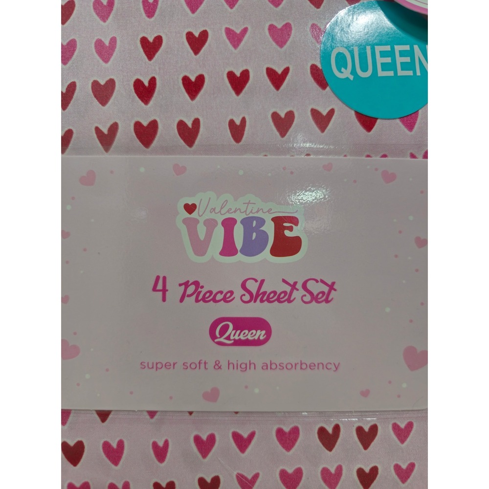 Valentine Vibe Queen 4 Piece Sheet Set Pink Red Hearts Easy Care NWT